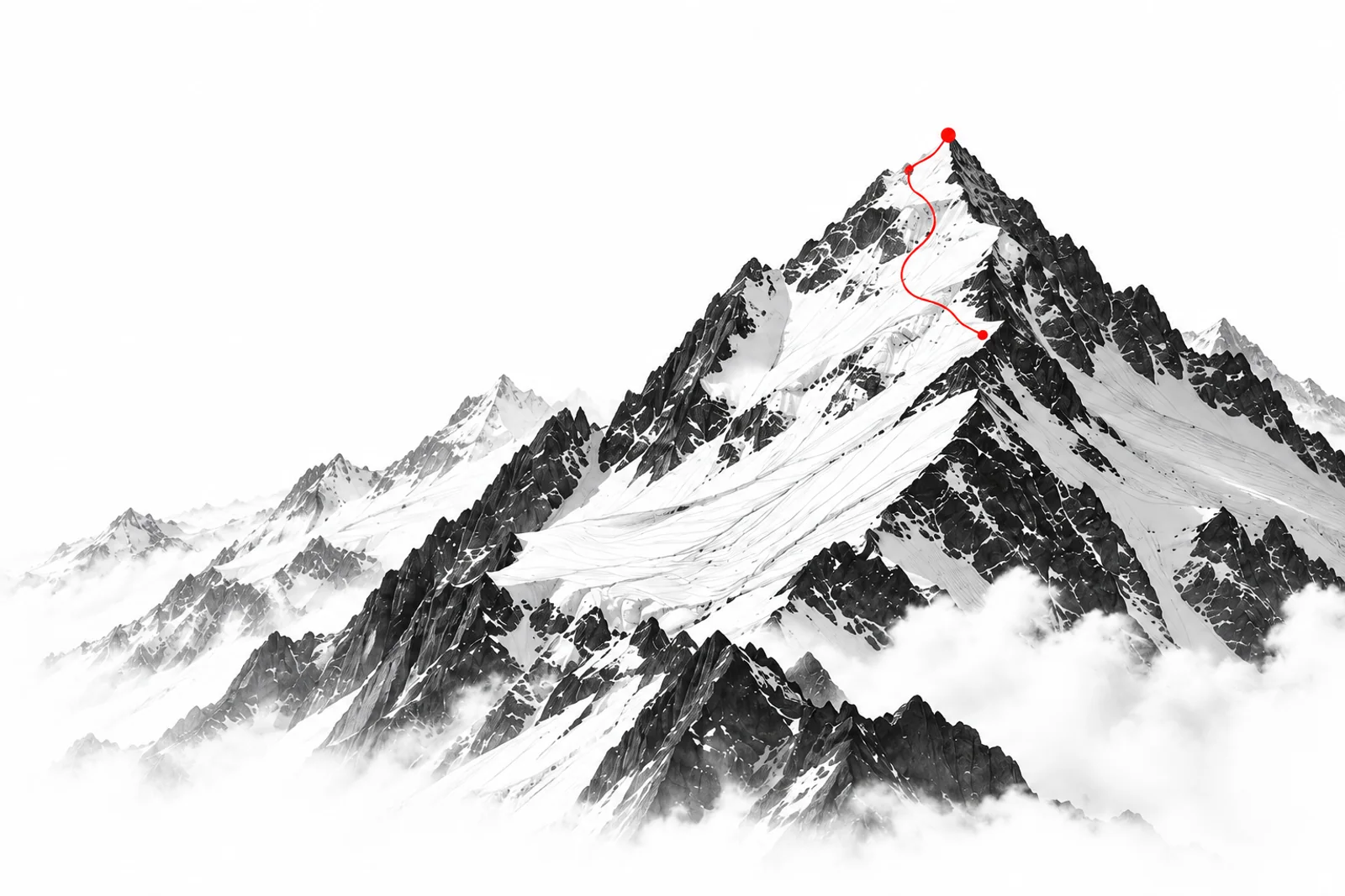 A red ascent route leads to a mountain summit.